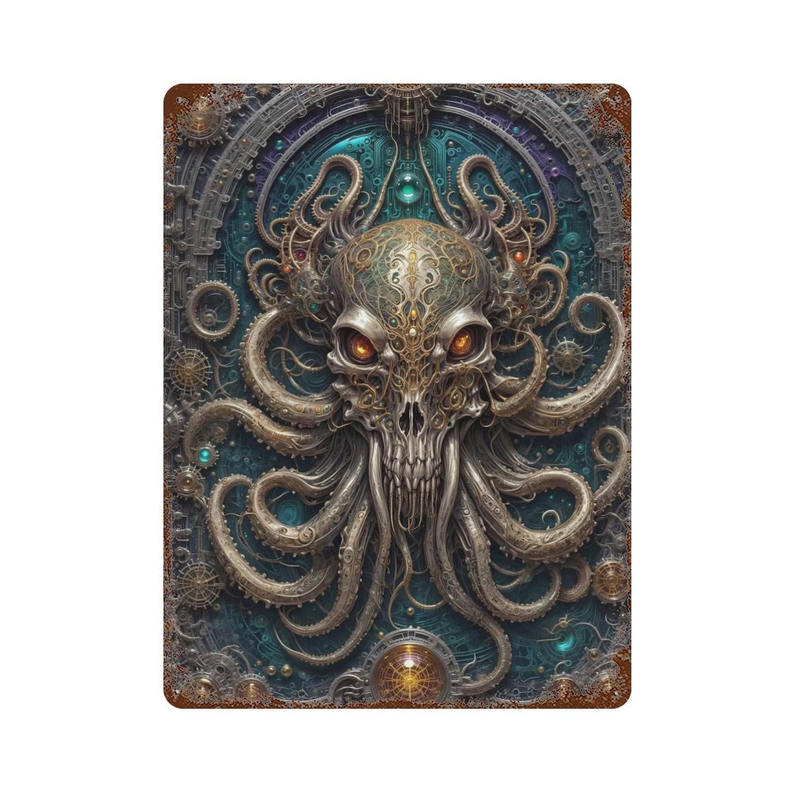 Rust Effect Cybernetic Kraken Skull Rusty Metal Tin Sign 15.7"x11.8", Old School Wall Decor for Garage, Bar And Workshop Decor