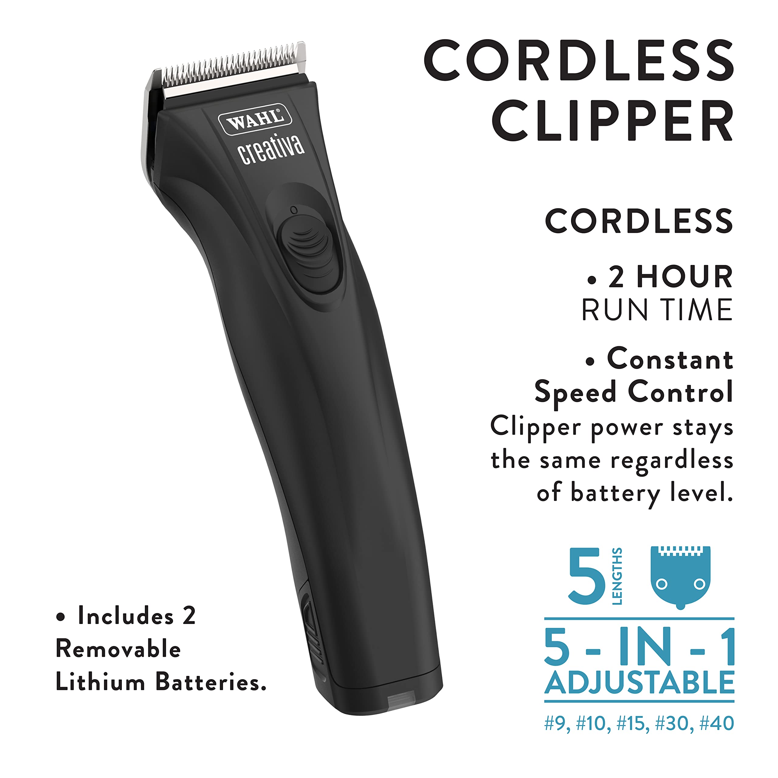 WAHL Professional Animal Creativa Cordless Dog, Cat, Pet, and Horse Clipper with 5-in-1 Adjustable Blade, Black (41876-0430)