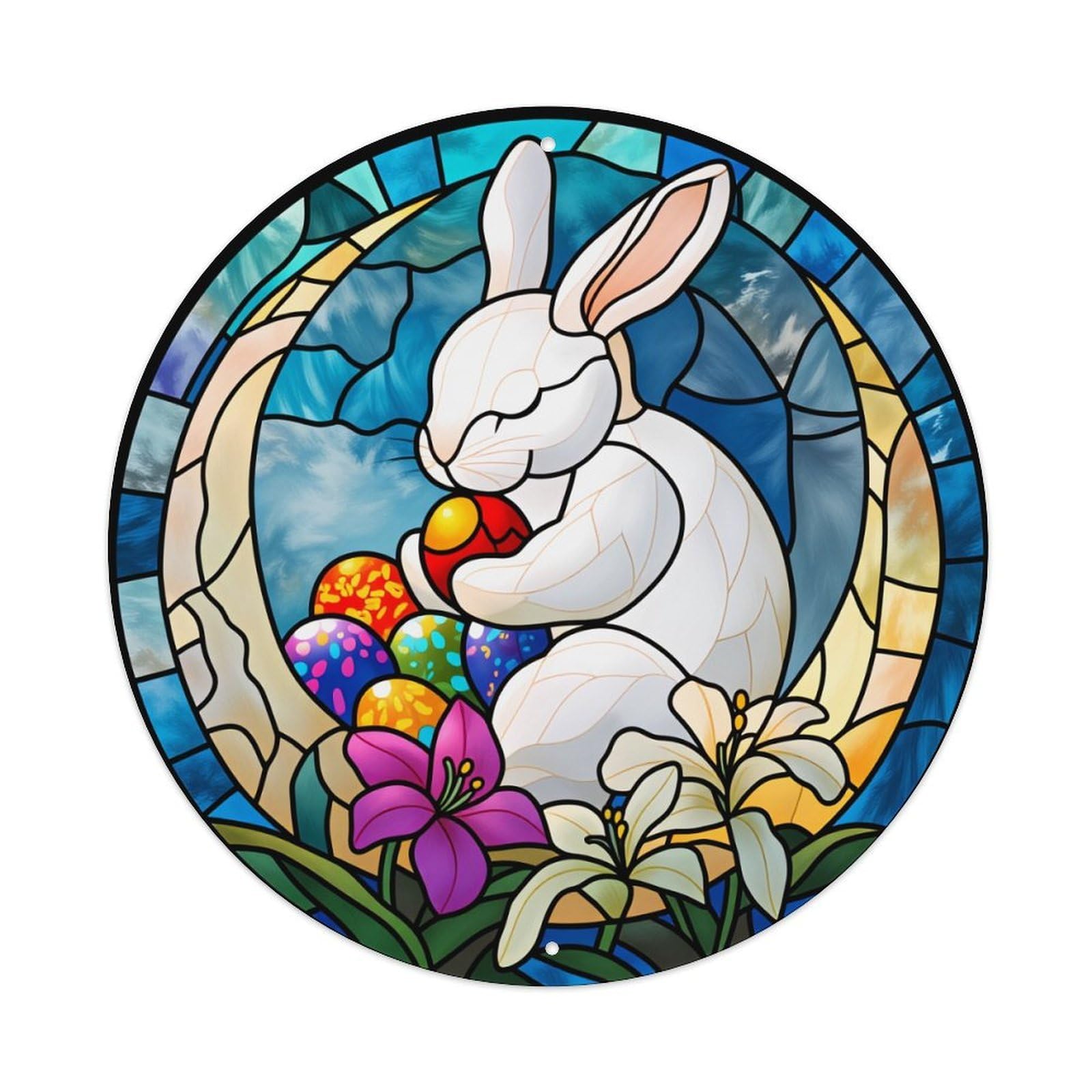 Stained Glass Bunny Eggs Flowers Spring Round Tin Sign Vintage Metal Poster Retro Bar, Home, Man Cave, Kitchen, Laundry Room Wall Art Decor Gift 8x8Inch