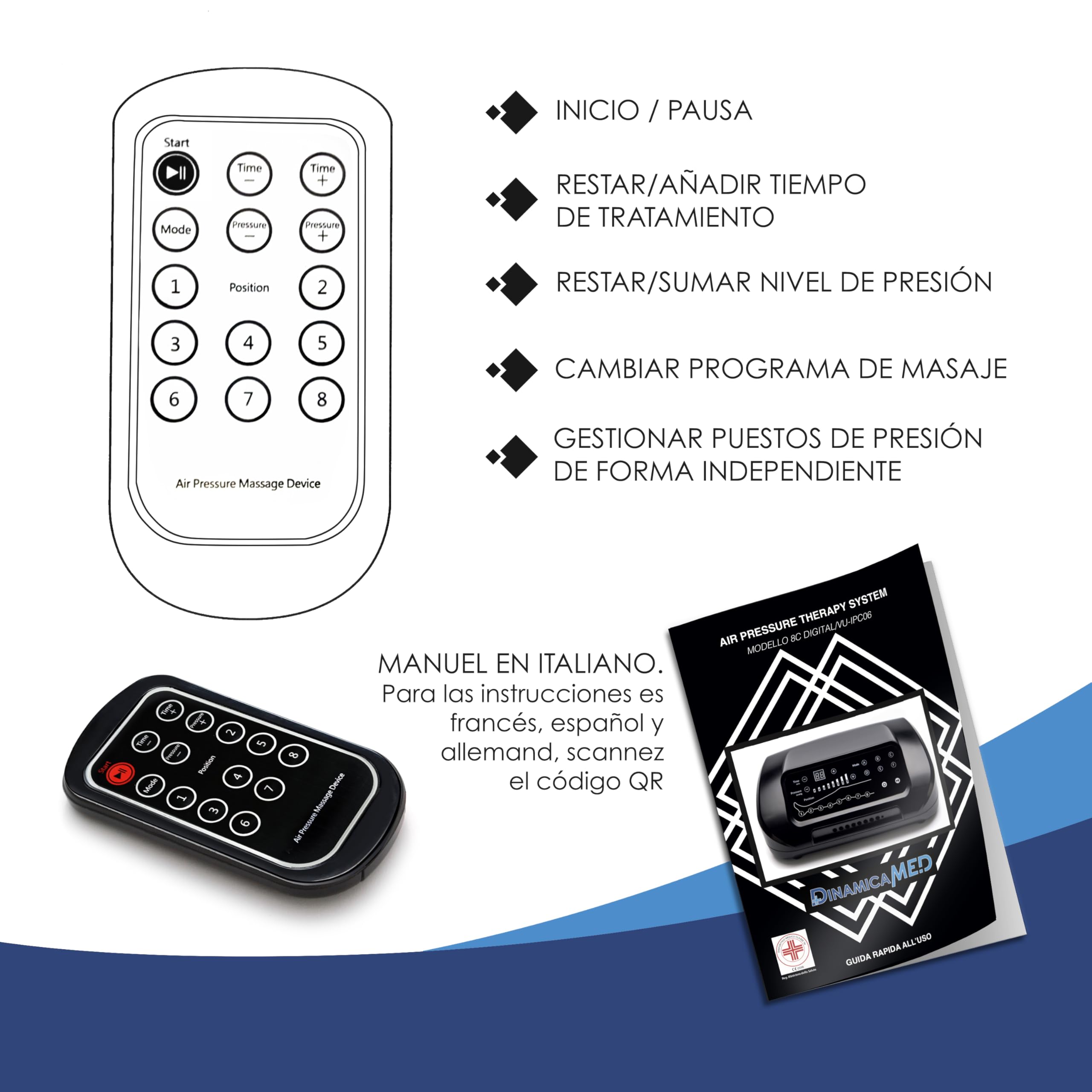 Dinamicamed PRO 8.0 Classic – Máquina de presoterapia para casa con drenaje linfático, 8 cámaras de aire, perneras, faja abdominal y brazalete