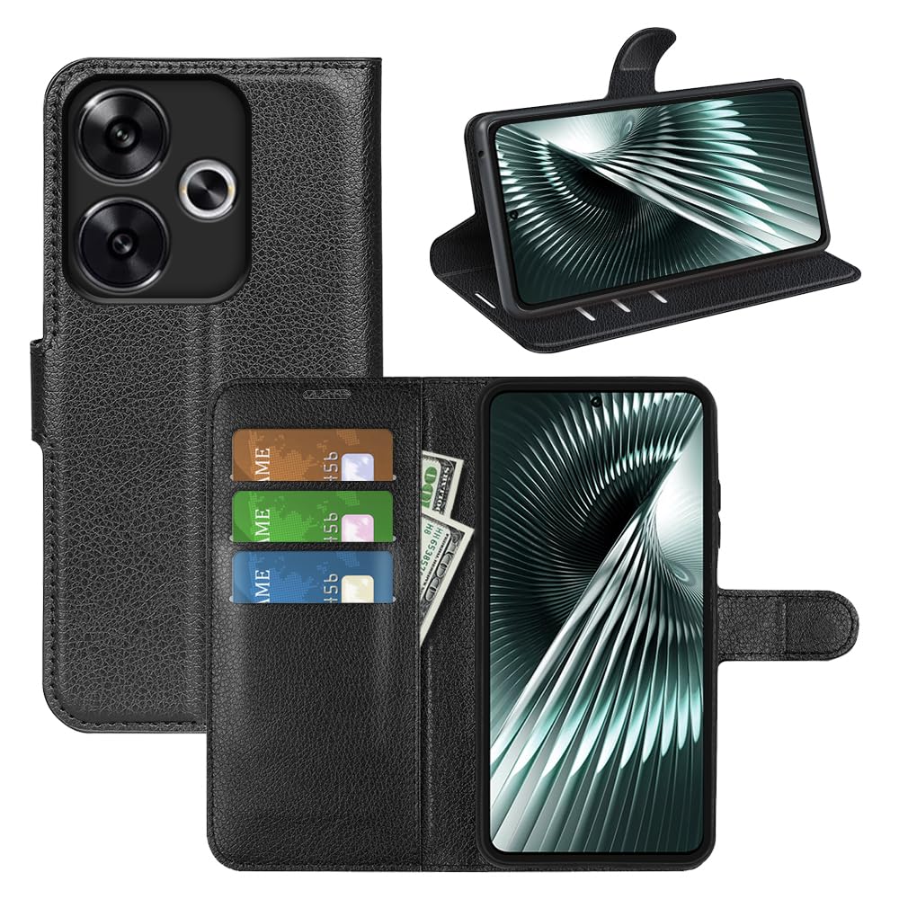 Fertuo Cover per Xiaomi Poco F6, Custodia Portafoglio Cover a Libro in Pelle Flip Case con Silicone Bumper, Fibbia Magnetica, Porta Carte, Kickstand, per Xiaomi Poco F6, Nero