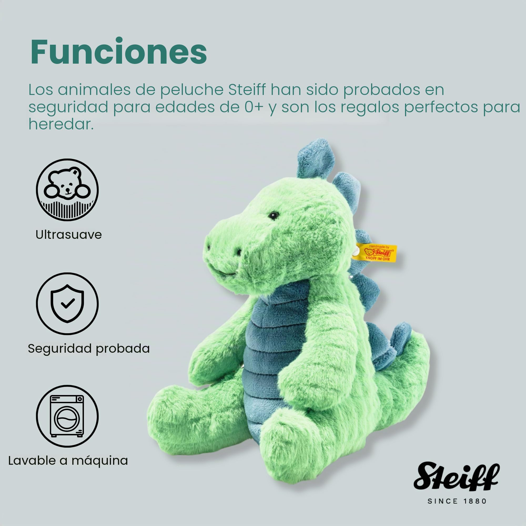 Steiff Peluche de estegosaurio Verde petróleo de 28 cm, Peluche de Dinosaurio, Suave Cuddly Friends, Marca de Peluche con botón en la Oreja, para bebés Desde el Nacimiento