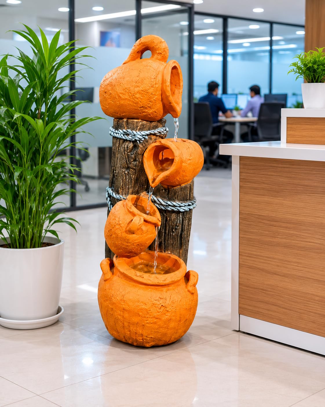 3.3 FT Height Rustic Earthen Pot Water Fountain for Home Decor (13 Inch Width) Fiber Indoor Outdoor Decorative Waterfall with LED & Silent Water Pump|Wood Log Design for,Garden,Office-image-7