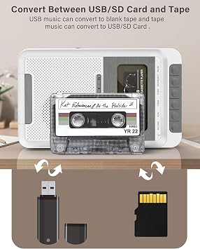 Cassette Player Recorder Converter,Record to Cassettes/USB/SD Card via Mic, Portable Cassette to MP3 Music via U Disk/SD Card or PC, Cassette Tape Player with Headphone Jack,Retractable Handle (White)