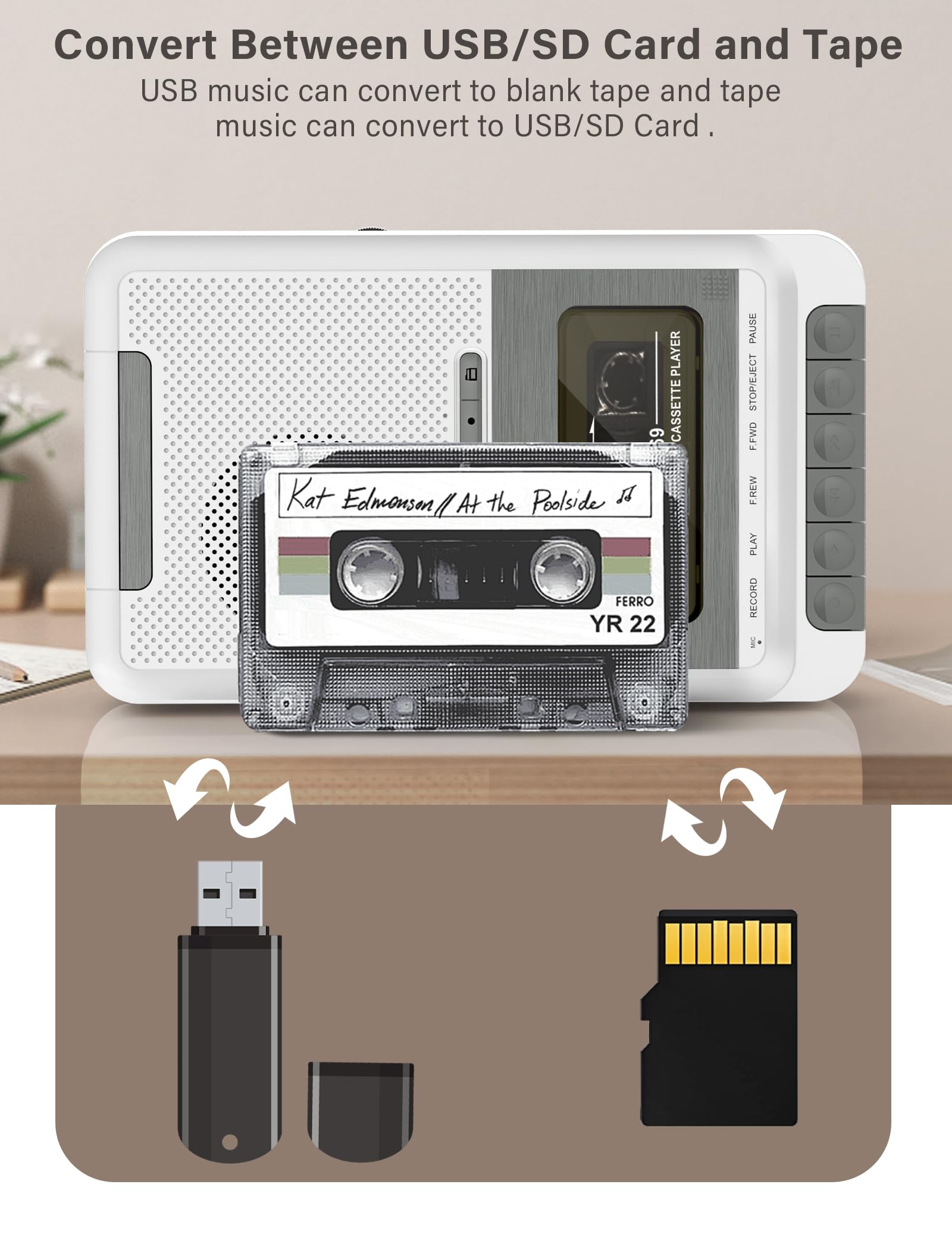 Lettore di cassette portatile, registratore convertitore, registrazione su cassette/USB/scheda SD tramite microfono, da cassette a musica MP3 tramite U Disk/scheda SD o PC (bianco)