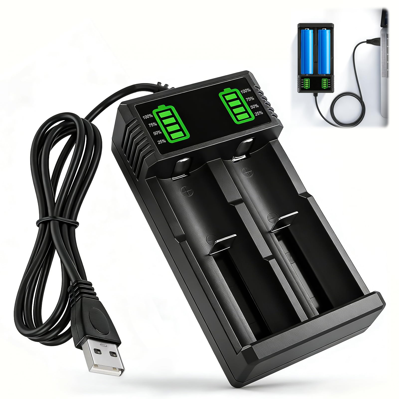 Chargeur Accu 18650, 18650 Chargeur de Batterie 3,7V 2 Slots Chargeur Accu | écran LCD Charge Rapide Piles Rechargeable pour Batteries Li-ION 18490 18350 17670 17500 16340 14500 18500 26650