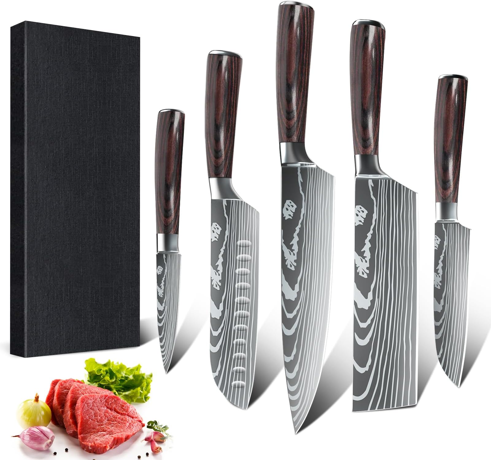 DfitoKnives Set for Kitchen, 5 Piece Sharp Knife Set with High Carbon Stainless Steel, Chef Knife Set professional with Gift Box