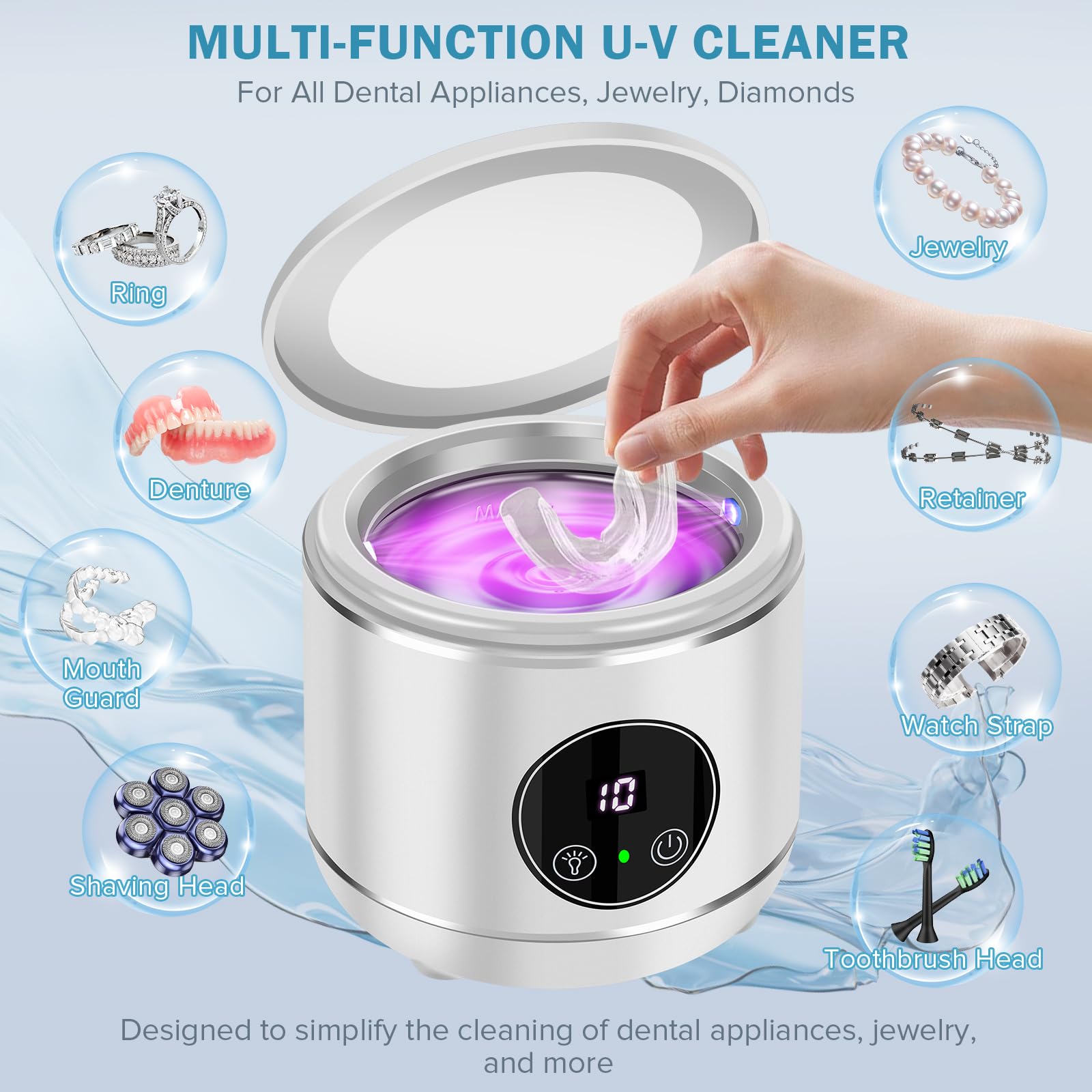 Limpiador ultrasónico U-V para prótesis, EnGiTores máquina de limpieza ultrasónica para dentaduras postizas, protectores bucales alineadores cabezales de cepillo dientes dispositivo limpieza (white)