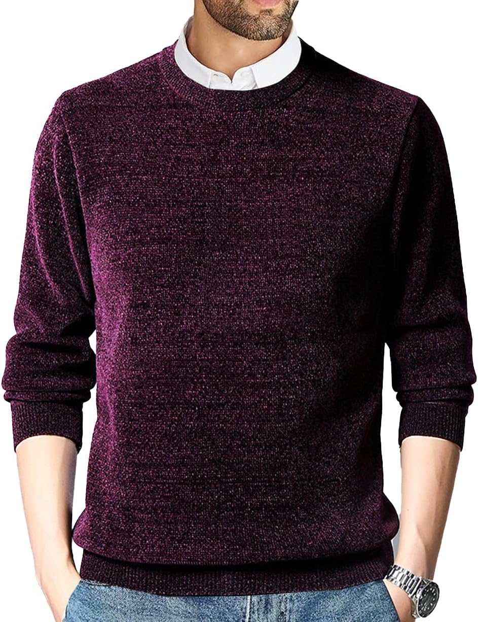Men's Chenille Crewneck Sweater Long Sleeve Regular Fit Knitted Winter Fleece Pullover Warm Fleece Lined Sweatshirts
