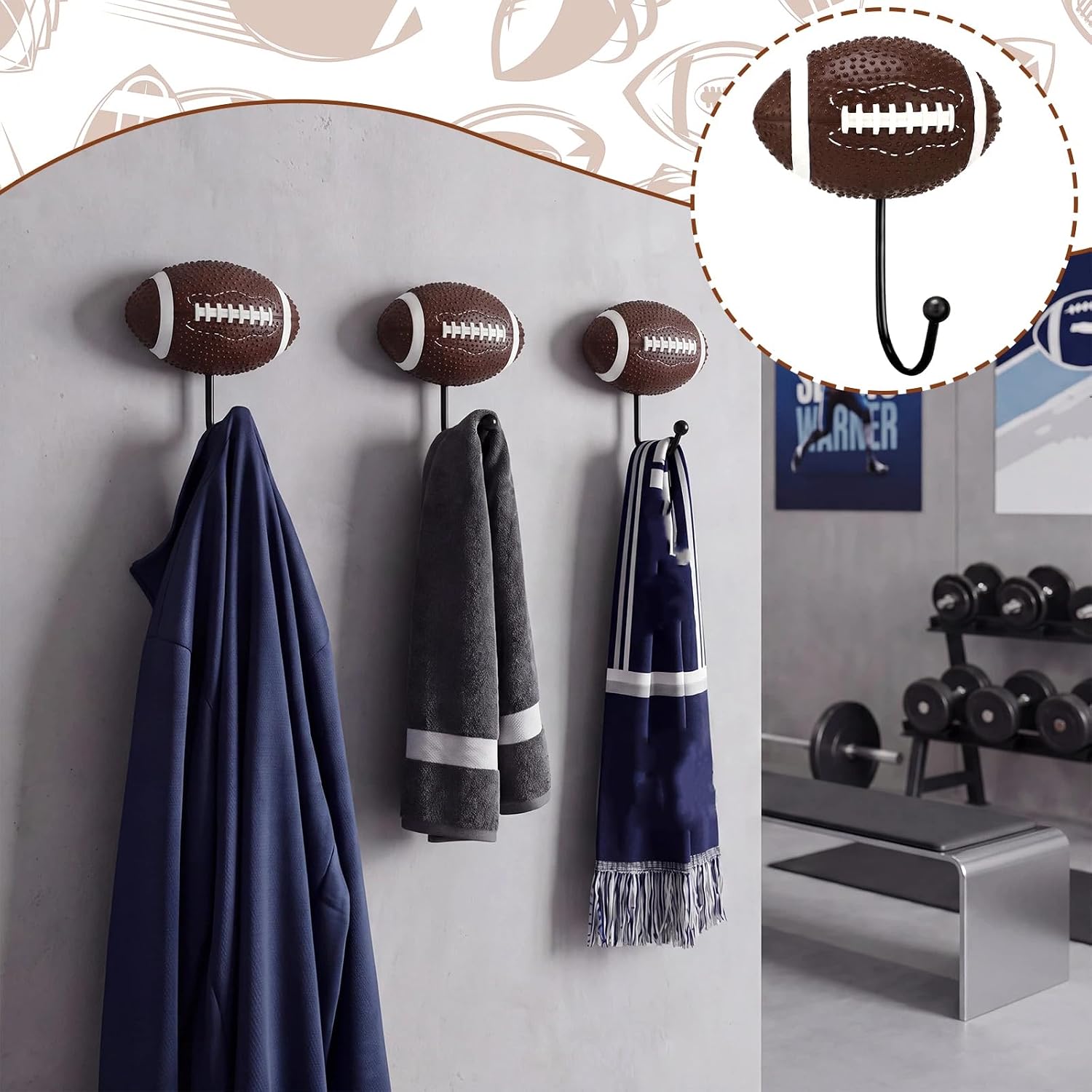 4 Pcs Football Wall Hooks Resin Wall Mounted Sports Theme Room Decor, Decorative Football Coat Towel Hanger for Home Bathroom Entryway Decorations Hats Keys Organizer