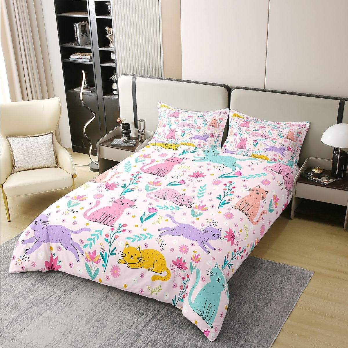 Feelyou Pink Cat Duvet Cover 100% Cotton King Size Cute Kitten Comforter Cover for Boys Girls Pet Animal Bedding Set 3Pcs Floral Flowers Room Decor Pink Breathable Soft Lightweight Microfiber image 2