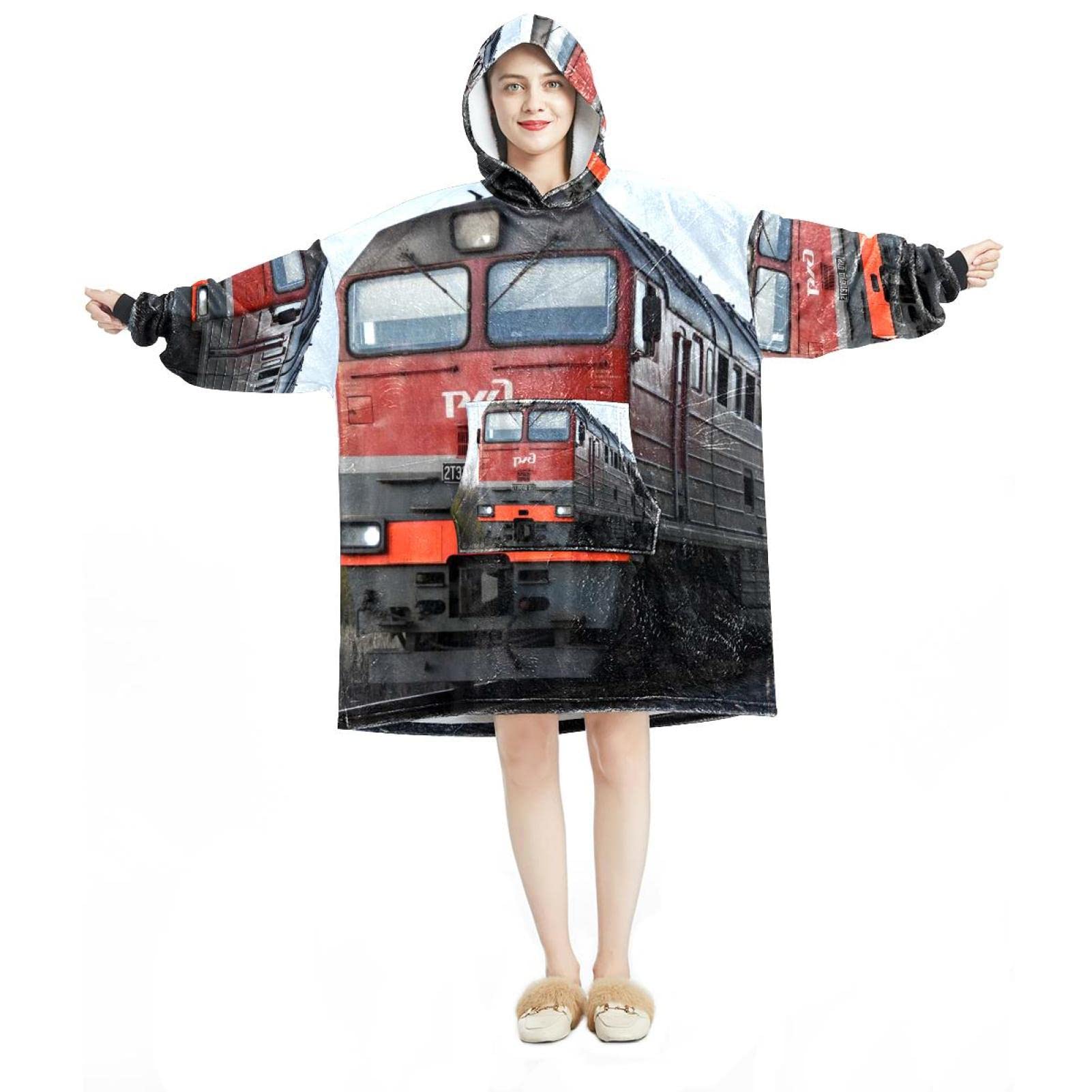 Bluza z kapturem z kocem, retro pociąg tor kolejowy, ponadwymiarowa bluza z kapturem, wielobarwny, rozmiar uniwersalny