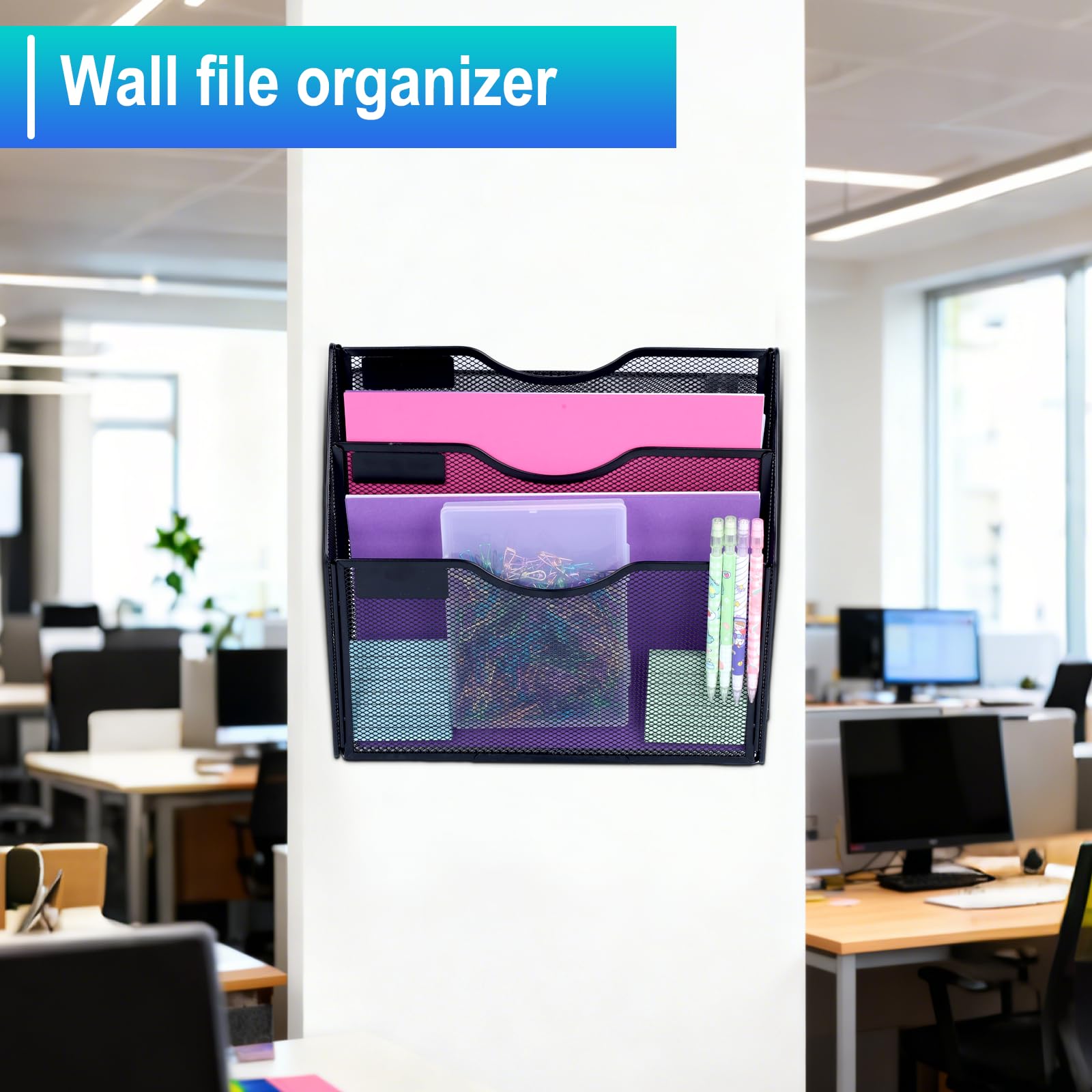 Organizador de archivos de pared de malla A4 de 3 niveles, soporte para documentos y revistas, negro