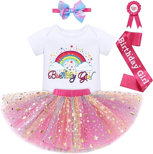 IDOPIP Disfraz de unicornio arcoíris para niña de primer y tercer cumpleaños, mameluco de bebé, falda tutú, diadema, banda, 5 piezas, ropa para