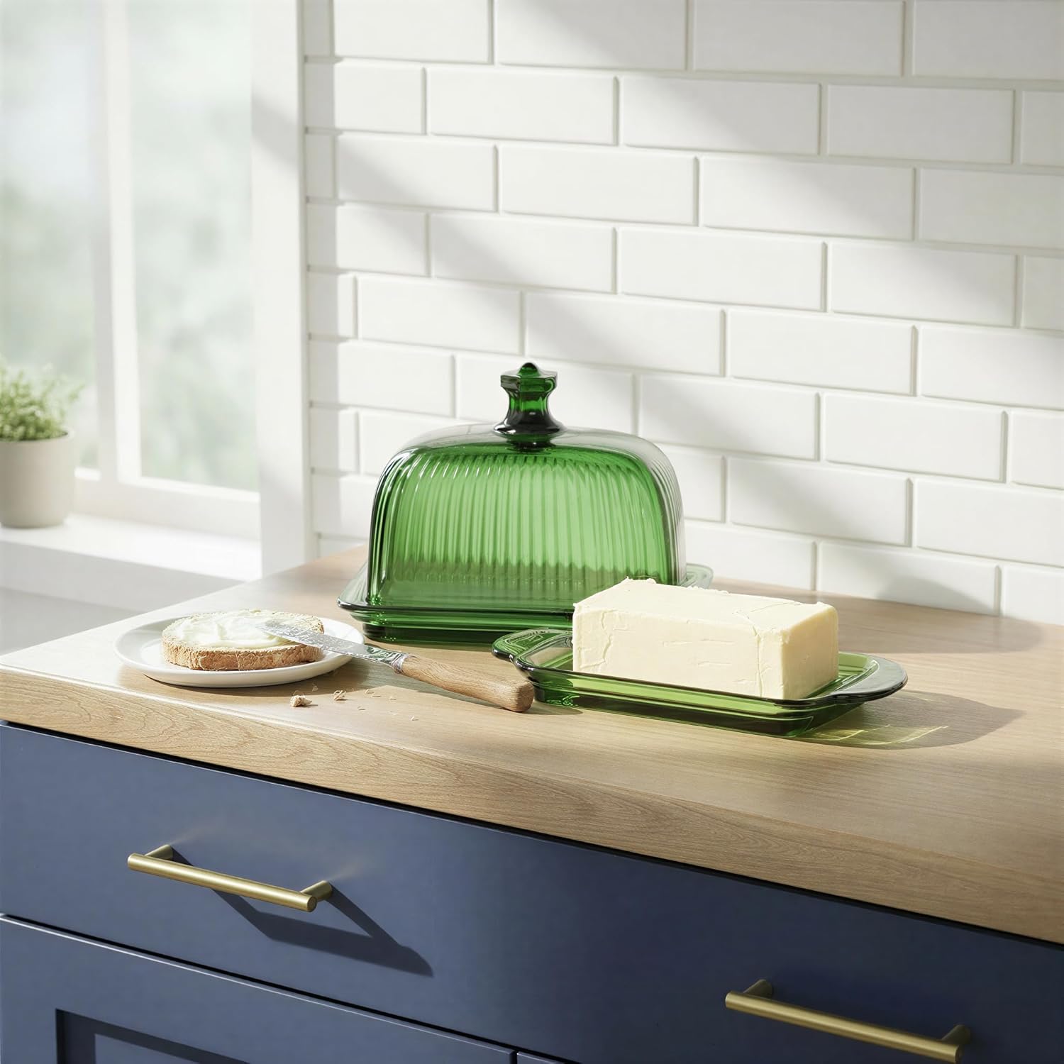 Creative Co-Op Pressed Glass Butter Dish, Green