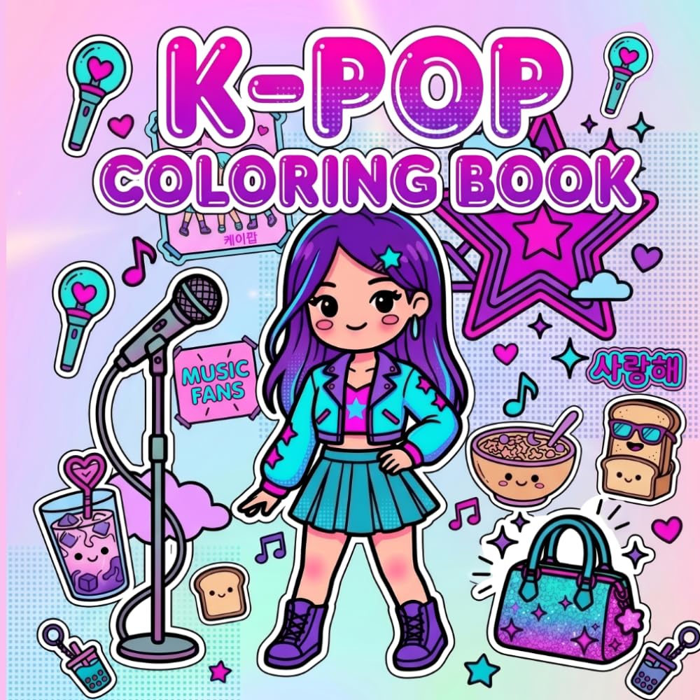 K-POP COLORING BOOK: Cute Idol Fashion, Kawaii Characters, Music-Themed Fun & Relaxing Coloring Pages for Teens, Tweens, and K-Pop Fans
