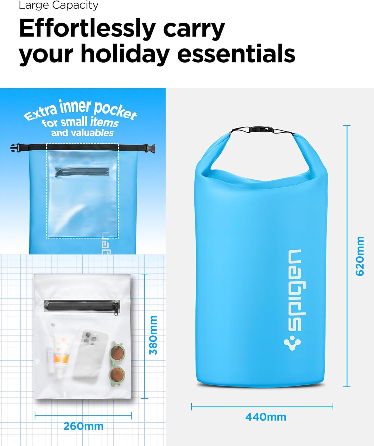 Spigen AquaShield Waterproof Dry Bag Backpack A631, Roll Top Lightweight Dry Storage Bag for Travel, Swimming, Boating, Kayaking, Camping and Beach