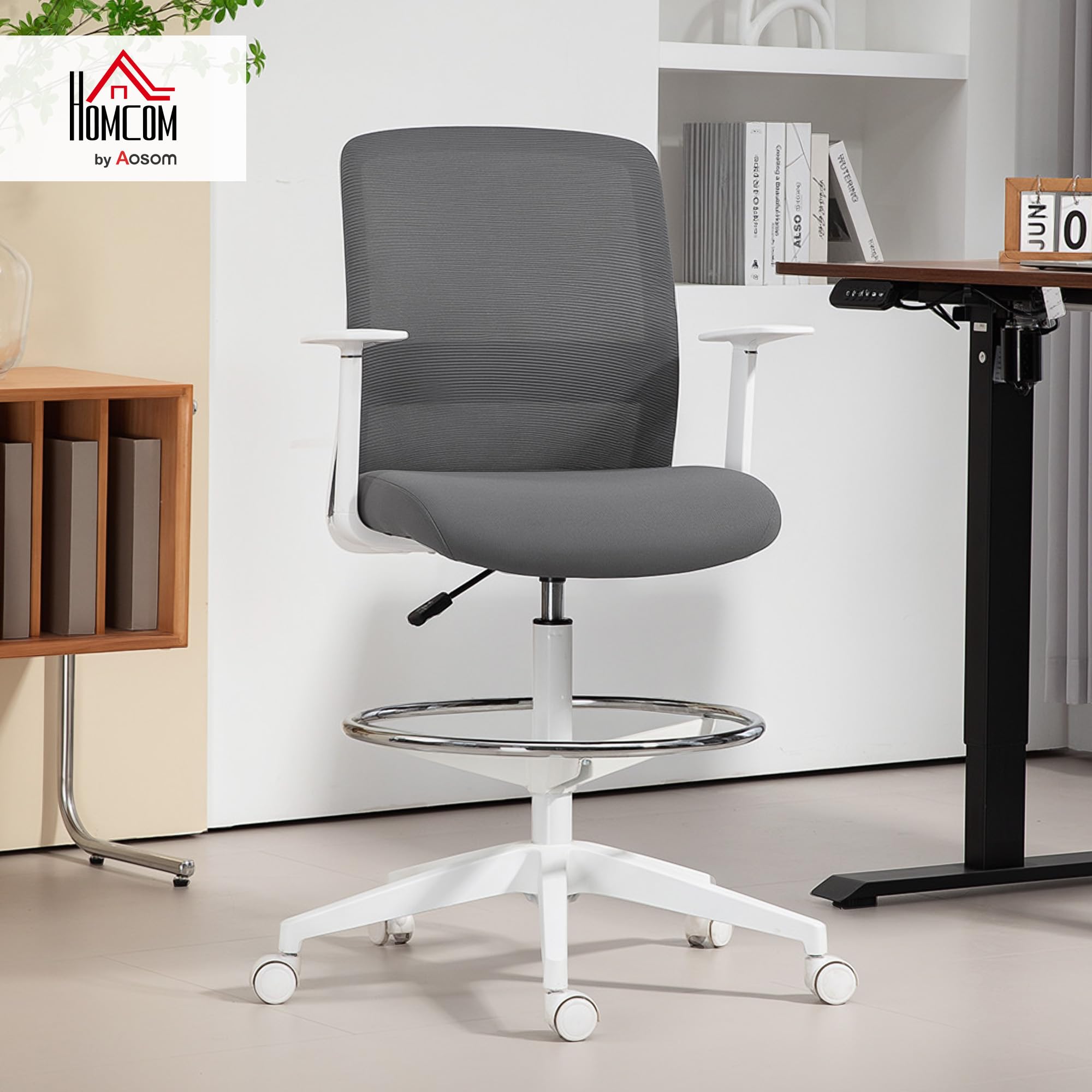 HOMCOM Bürostuhl Hoch Ergonomischer Schreibtischstuhl Armlehnen Grau | Mit Fußring, Höhenverstellbarer Zeichenstuhl, Drehstuhl mit Netzbespannung