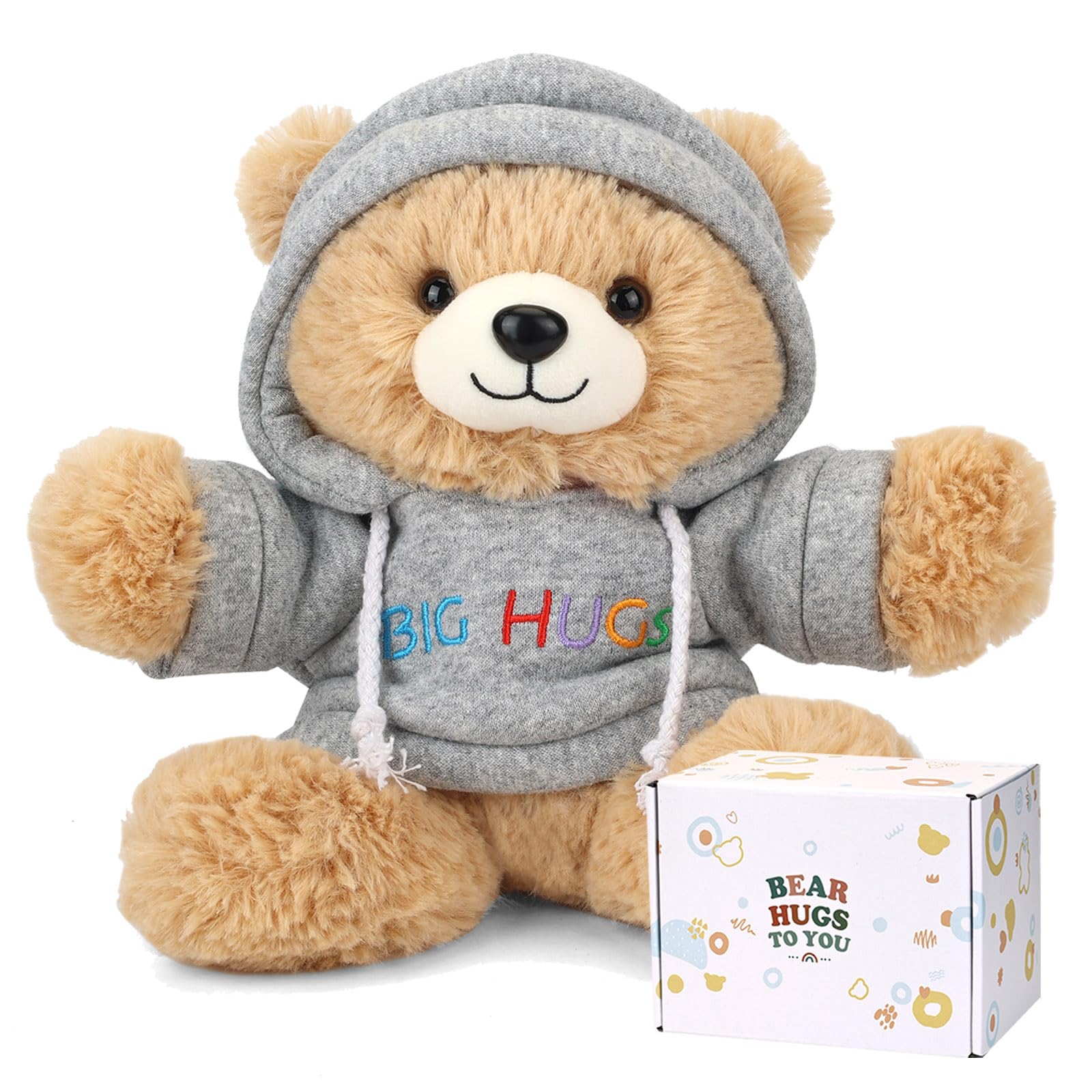 Big Hugs Teddy Bear Stuffed Animal with Gift Box Removable Hoodie for Comfort and Love, for Kids, Women & Men in Tough Time, Get Well Soon Gifts Basket with Beautiful Gift Greeting Card