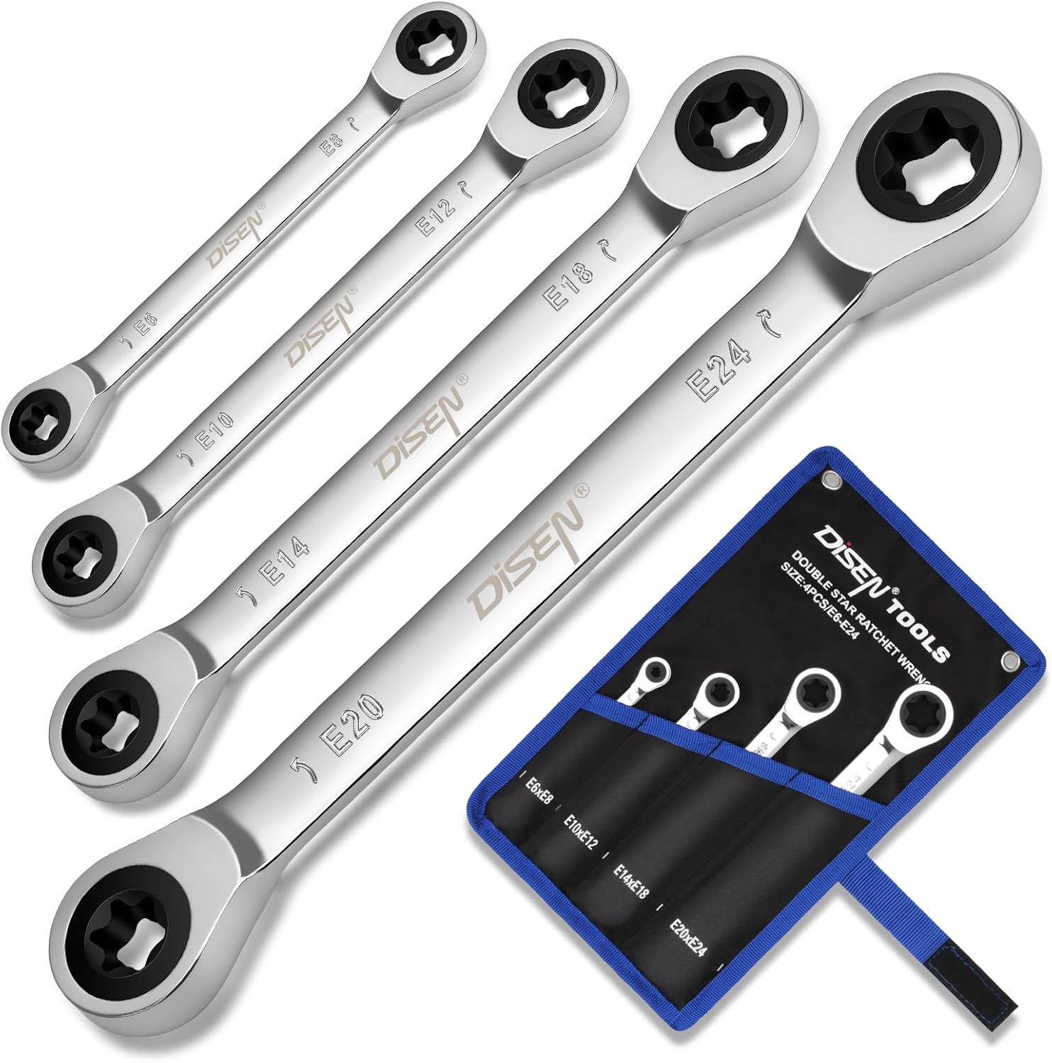 DISEN Upgraded 4-Piece E-Torx Double Box Ratcheting Wrench Set, 72-Tooth, Dual Head E6E8/E10E12/E14E18/E20E24 with Storage Pouch