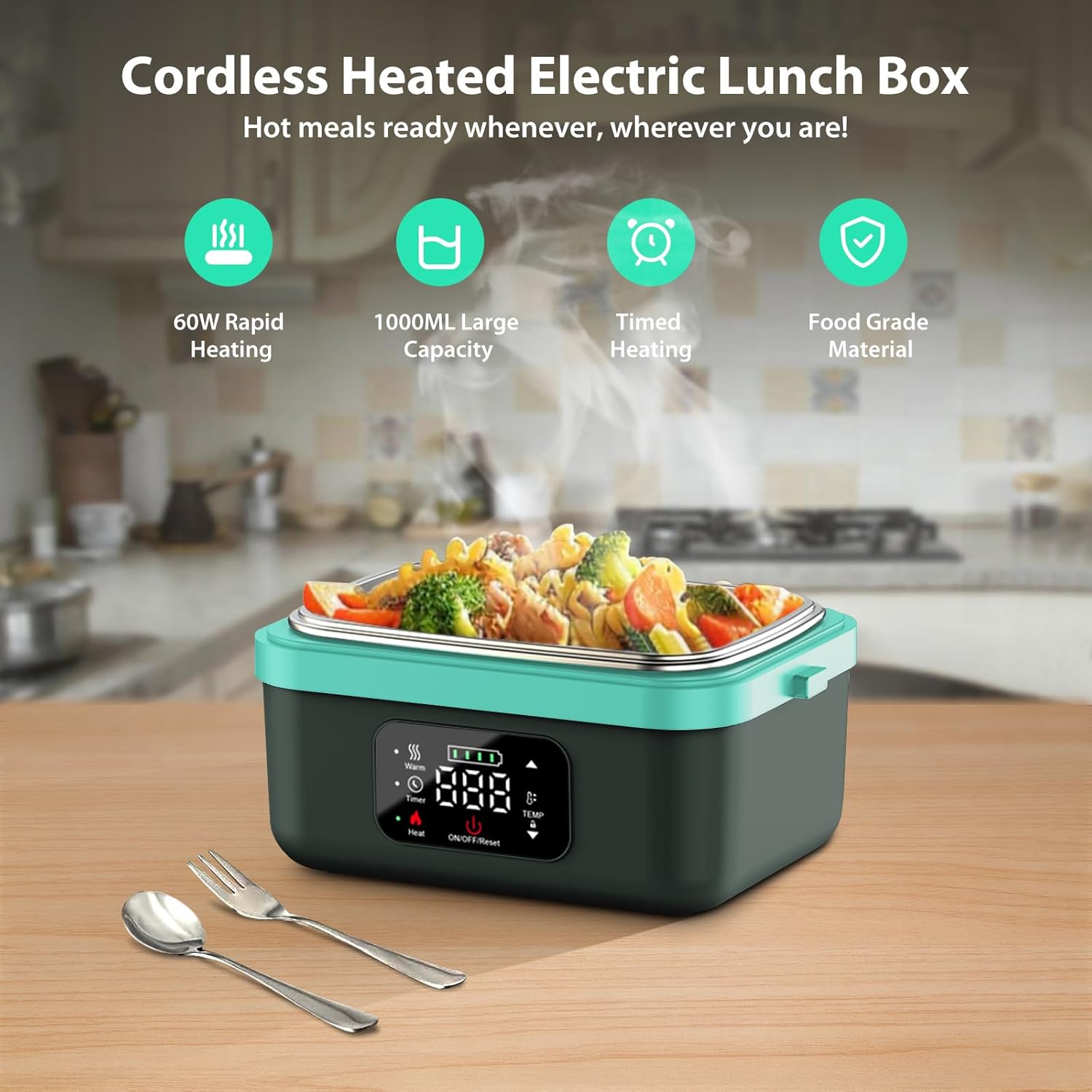 Electric Heated Lunch Box for Adults, EDCERATY Rechargeable 60W Self-Heating Food Warmer with 1L Stainless Steel Container, Fork, Spoon and Insulated Carry Bag for Work Men Car Truck(Grey+Green)
