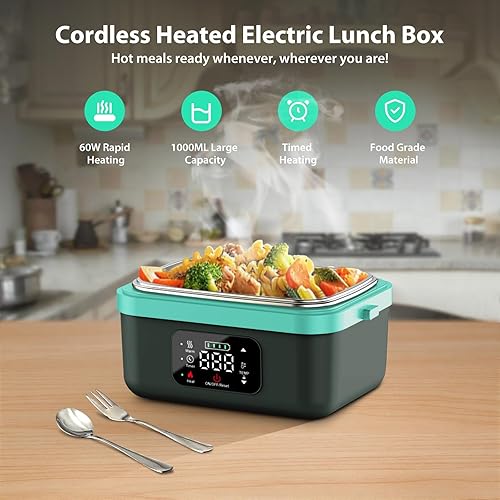 Miniatura 2 de EDCERATY - Fiambrera eléctrica para adultos, calentador de alimentos autocalentable recargable de 60 W con recipiente de acero inoxidable de 1