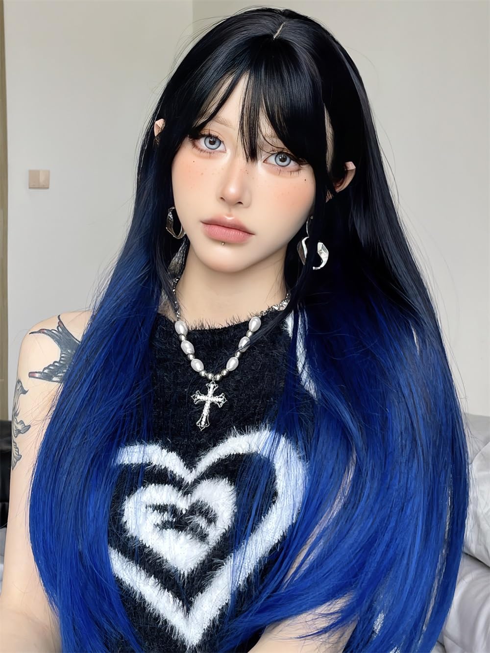 Long Gothic Wig for Women - 26" Black and Blue Ombre Synthetic Wig, Realistic Simulation Scalp, Middle Part with Bangs, Natural Silky Soft & Heat-Resistant for Daily Use