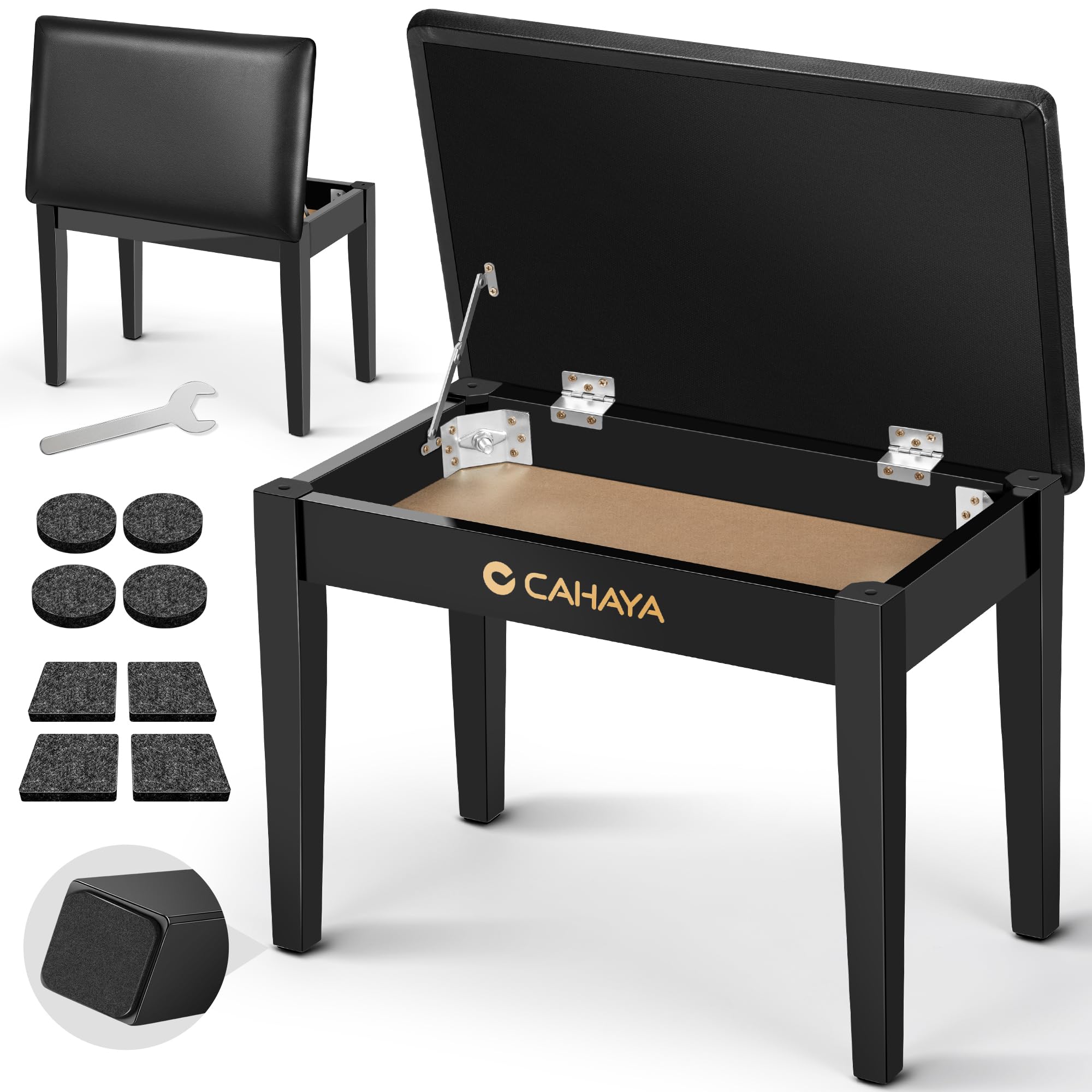 CAHAYA Banc de Piano Multifonction en Bois: Banc en Bois Massif avec Espace de Rangement, 56×34 cm, Assise rembourrée en PU, capacité 150 kg, Noir, CY000397