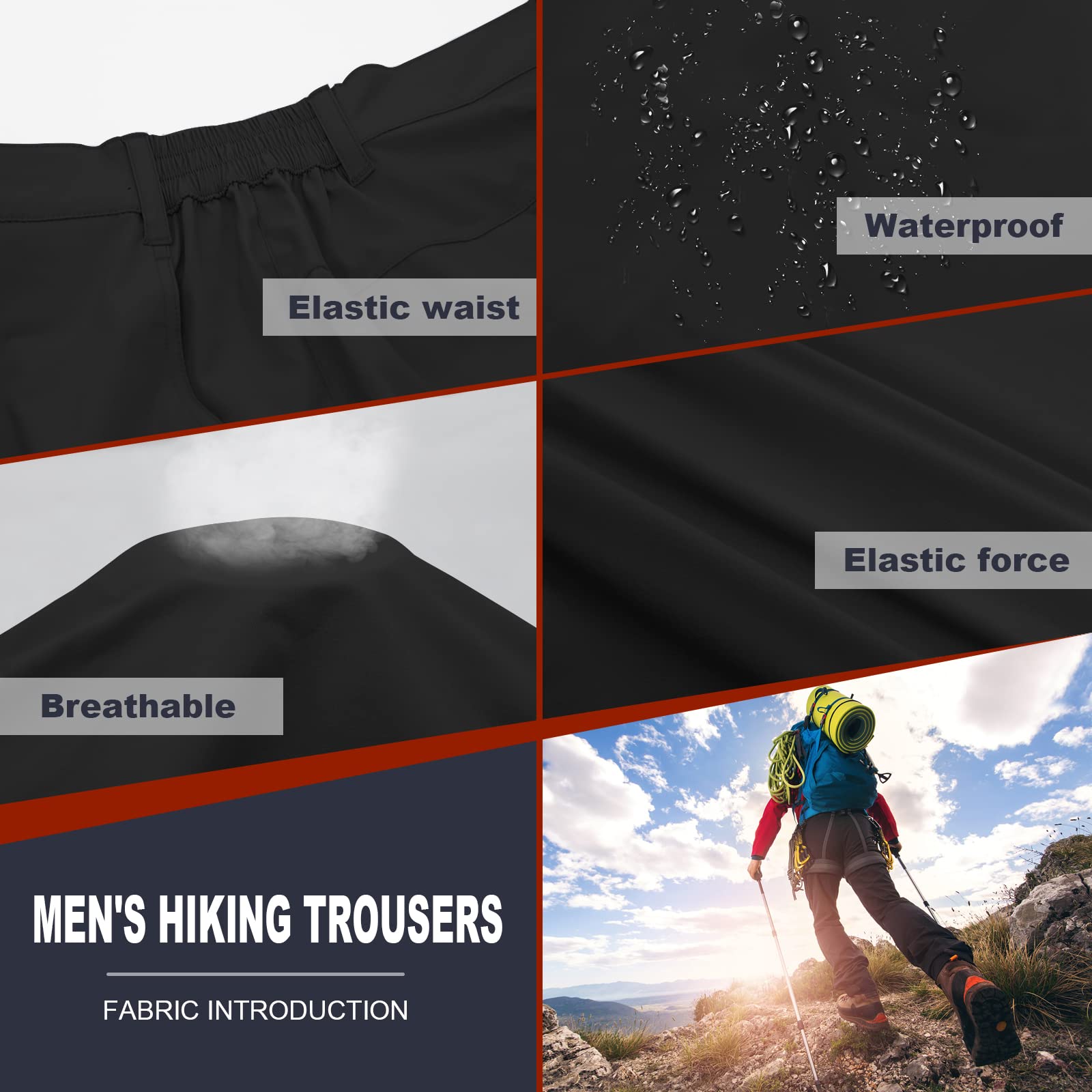 FEIXIANG Pantaloni da trekking per uomo, pantaloni tattici impermeabili ad asciugatura rapida, pantaloni da lavoro multi-tasca, colore nero grande