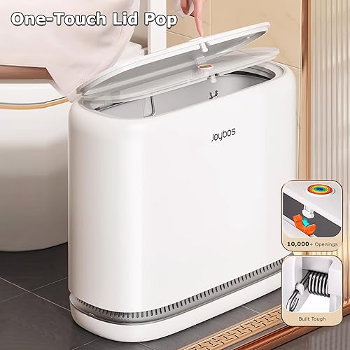 Miniatura 7 de O-MART Basurero de baño con tapa, delgado de 3.2 galones, cesta de basura superior de prensa estrecha para control de olores y a prueba de perros,