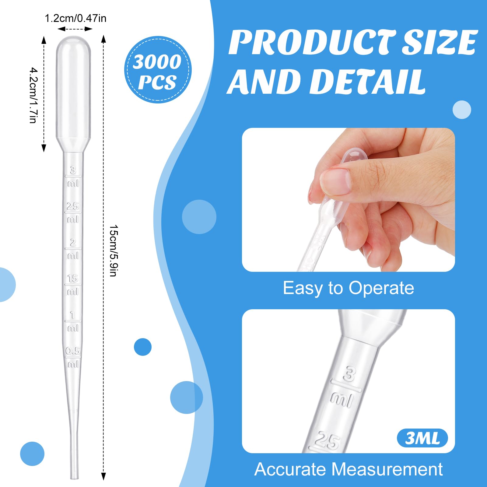 Kingdder 3000 pipetas de transferencia de plástico, desechables, graduadas, para experimentos científicos, aceites esenciales, herramienta de maquillaje (3 ml)