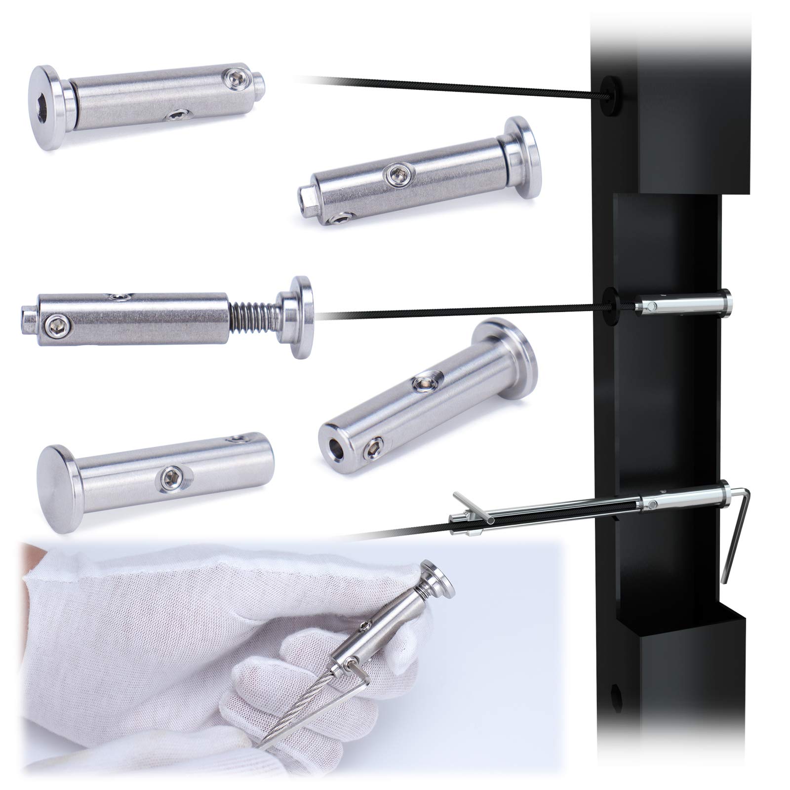 Muzata 20Pairs Invisible Cable Railing Kit 1/8" Swageless Tensioner and Terminal Flat Head Hidden for 2"x2" Metal Post Deck Stairs NiceView System CB05,CV2 CL1