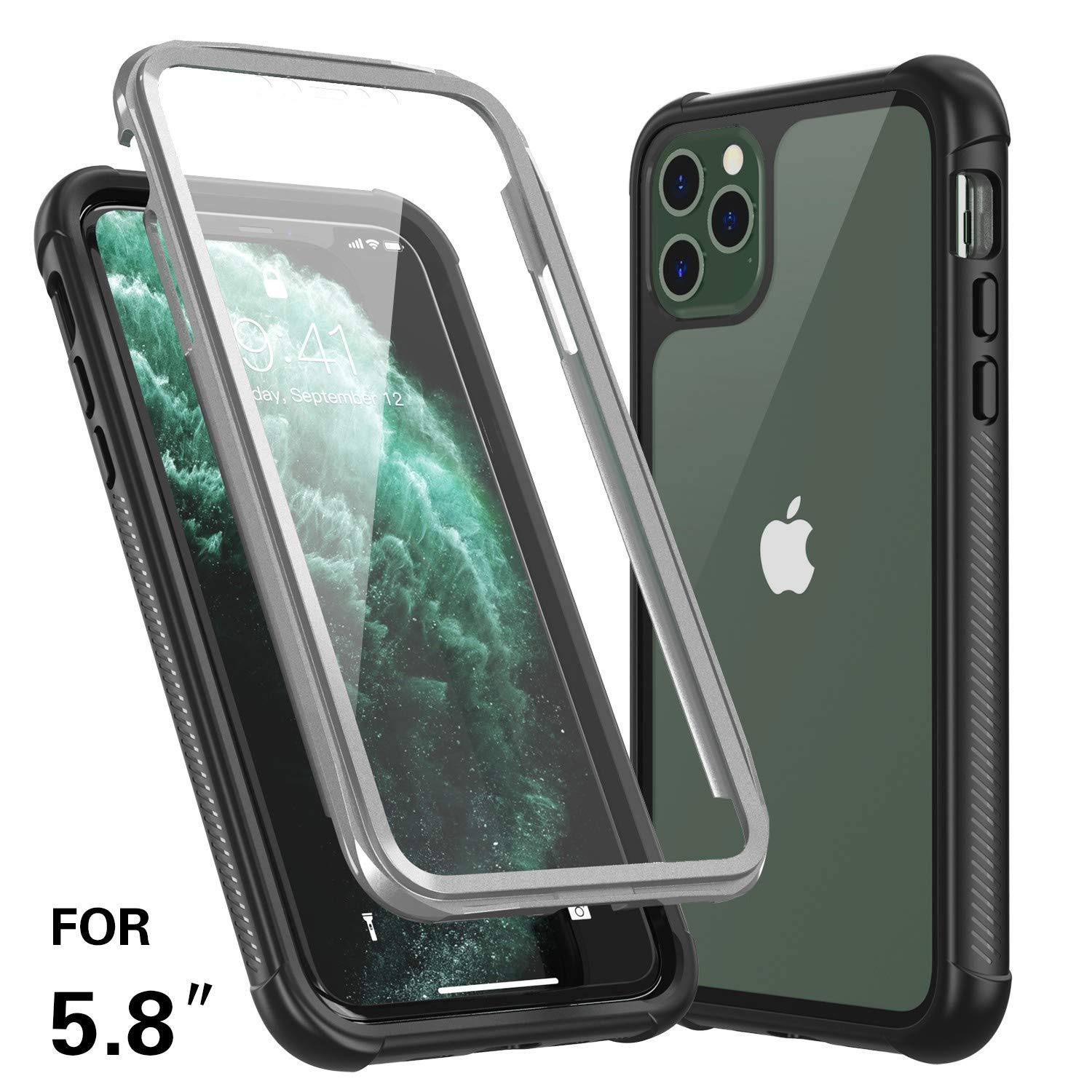 CaseStro iPhone 11 Case Rugged Series Built-in Screen Protector Full Body Heavy Duty Protection [Shockproof] Anti-Scratched Defender Armor for iPhone 11 Pro 5.8 inch (Black Clear)
