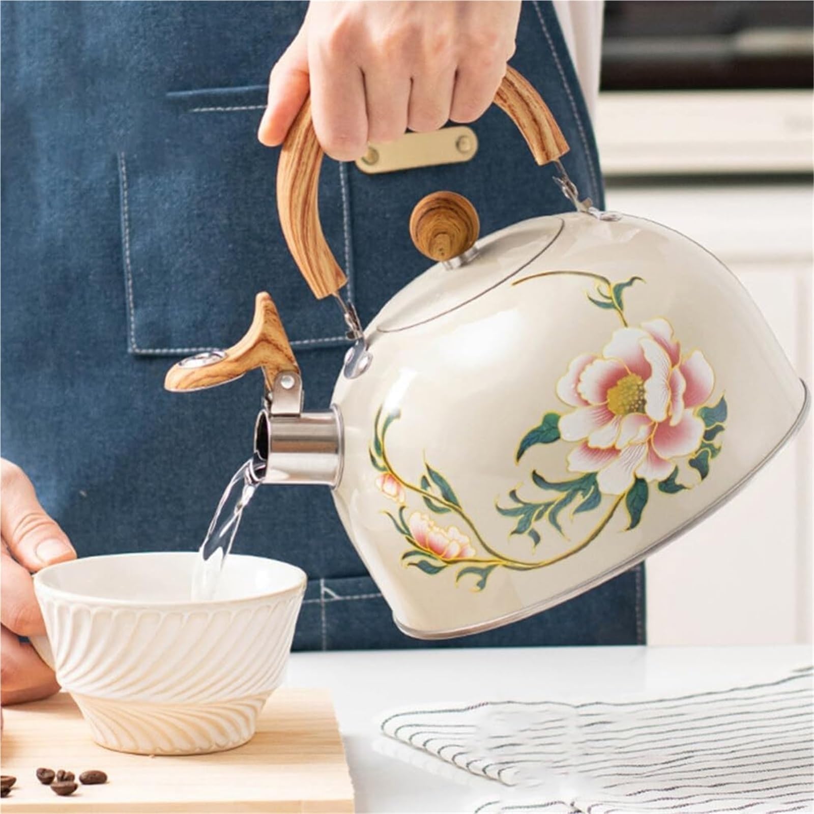 Teekanne, 3L Pfeifender Teekessel aus Edelstahl mit Blumenmuster – schnell kochende Teekanne for die Küche
