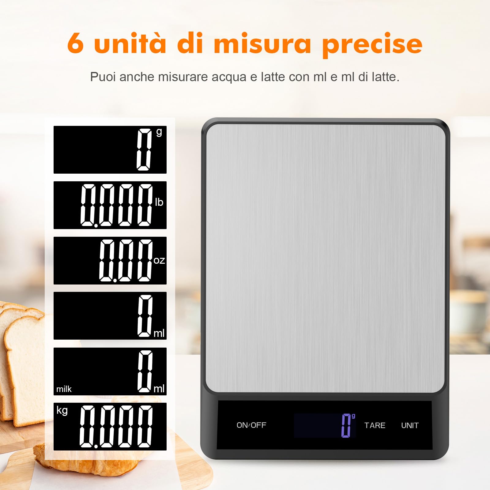 GRIFEMA GA2008-1, Bilancia da cucina ricaricabile, Bilancia multifunzione per alimenti in acciaio inossidabile, 5 kg/11 lb
