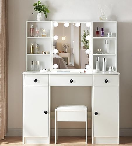 tojump Tocador de maquillaje con espejo y luces, escritorio grande con 5 cajones, tocador de maquillaje para dormitorio con taburete, color blanco