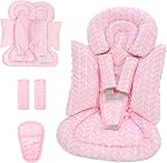 4 in 1 Infant Car Seat Insert, Baby Car Seat Head Body Support for Girls & Boys, Reversible Newborn Car Seat Insert with 3 Extra Strap Paddings, Premature Car Seat Cushion (Stripes Pink)