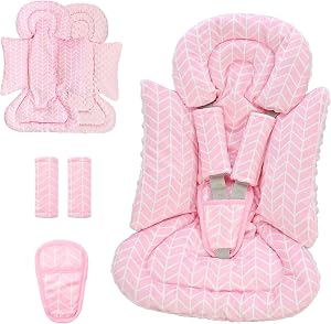 4 in 1 Infant Car Seat Insert, Baby Car Seat Head Body Support for Girls & Boys, Reversible Newborn Car Seat Insert with 3 Extra Strap Paddings, Premature Car Seat Cushion (Stripes Pink)