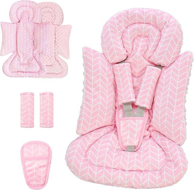 4 in 1 Infant Car Seat Insert, Baby Car Seat Head Body Support for Girls & Boys, Reversible Newborn Car Seat Insert with 3 Extra Strap Paddings, Premature Car Seat Cushion (Stripes Pink)