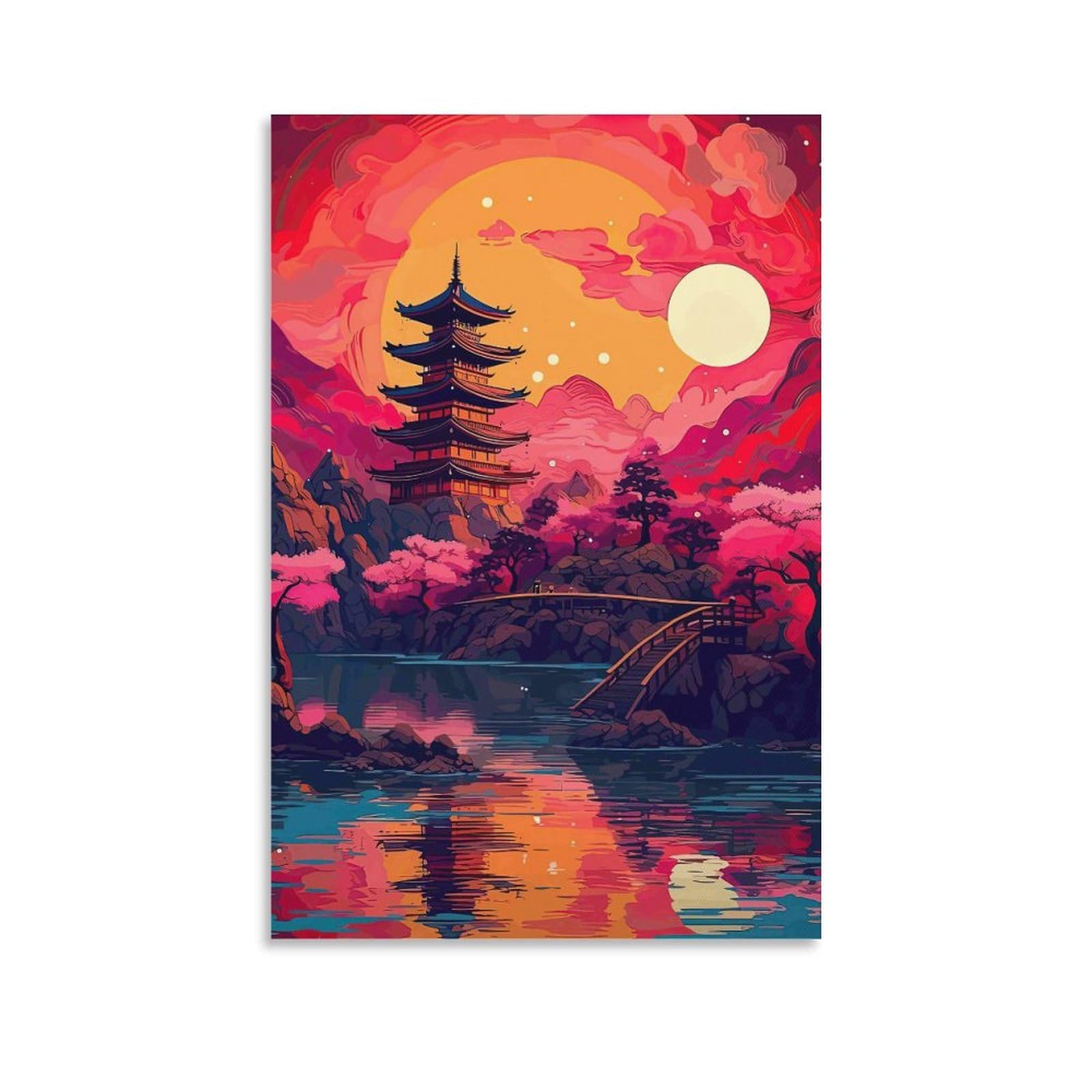 DHBANEIOK Eastern Pagoda Sunset Wall Decor Poster Canvas Prints Picture Modern Wall Art Picture Wall Hanging for Bathroom Wall Decor 16x24inch(40x60cm)