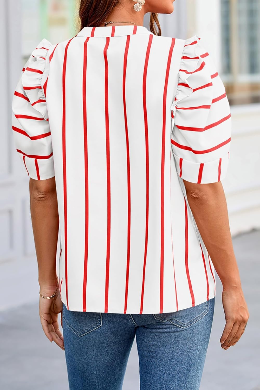 Tankaneo Womens Puff Sleeve Striped Blouses Dressy Casual V Neck Shirts Summer Trendy Loose Fit Tunic Tops - Image 5