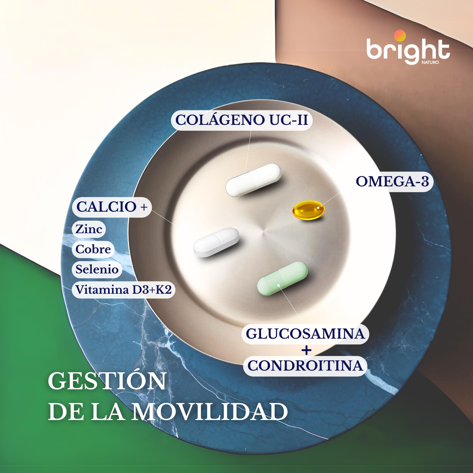 Colágeno UC-II, Omega 3 TG, Glucosamina y Condroitina, Calcio, Magnesio, Cobre, Zinc y Vitamina D3K