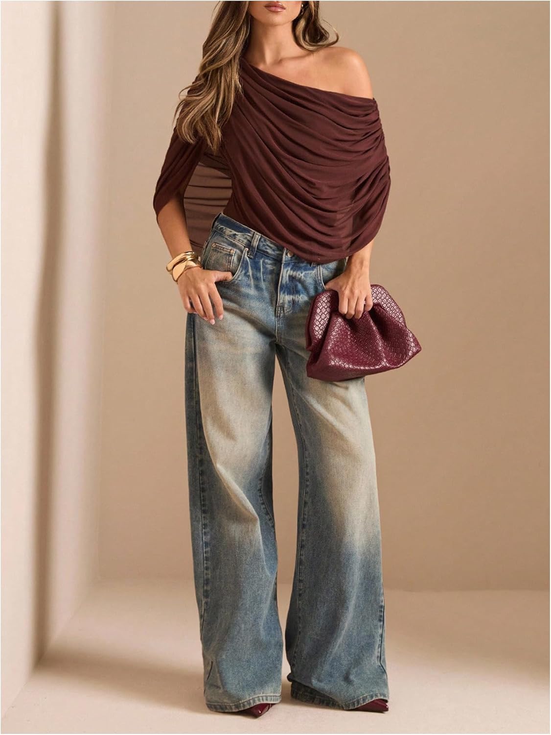 Milumia Women's Ruched Draped Mesh Off The Shoulder Bodysuit Asymmetrical Short Sleeve Leotard Tops - Image 5