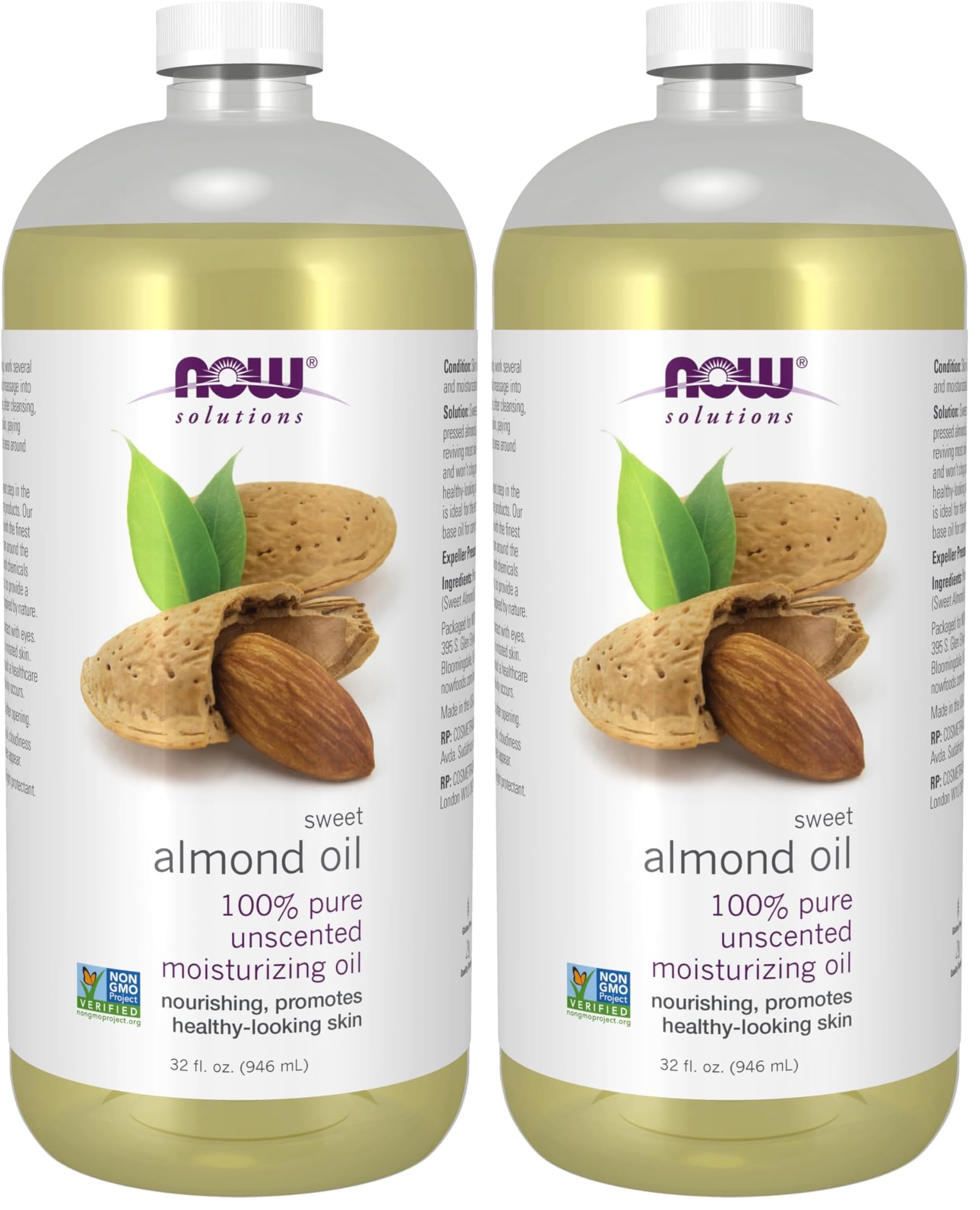 NOW Foods Solutions,Sweet Almond Oil,100% Pure Moisturizing Oil,Promotes Healthy-Looking Skin,Unscented-Oil,32-Ounce,(Pack of 2)