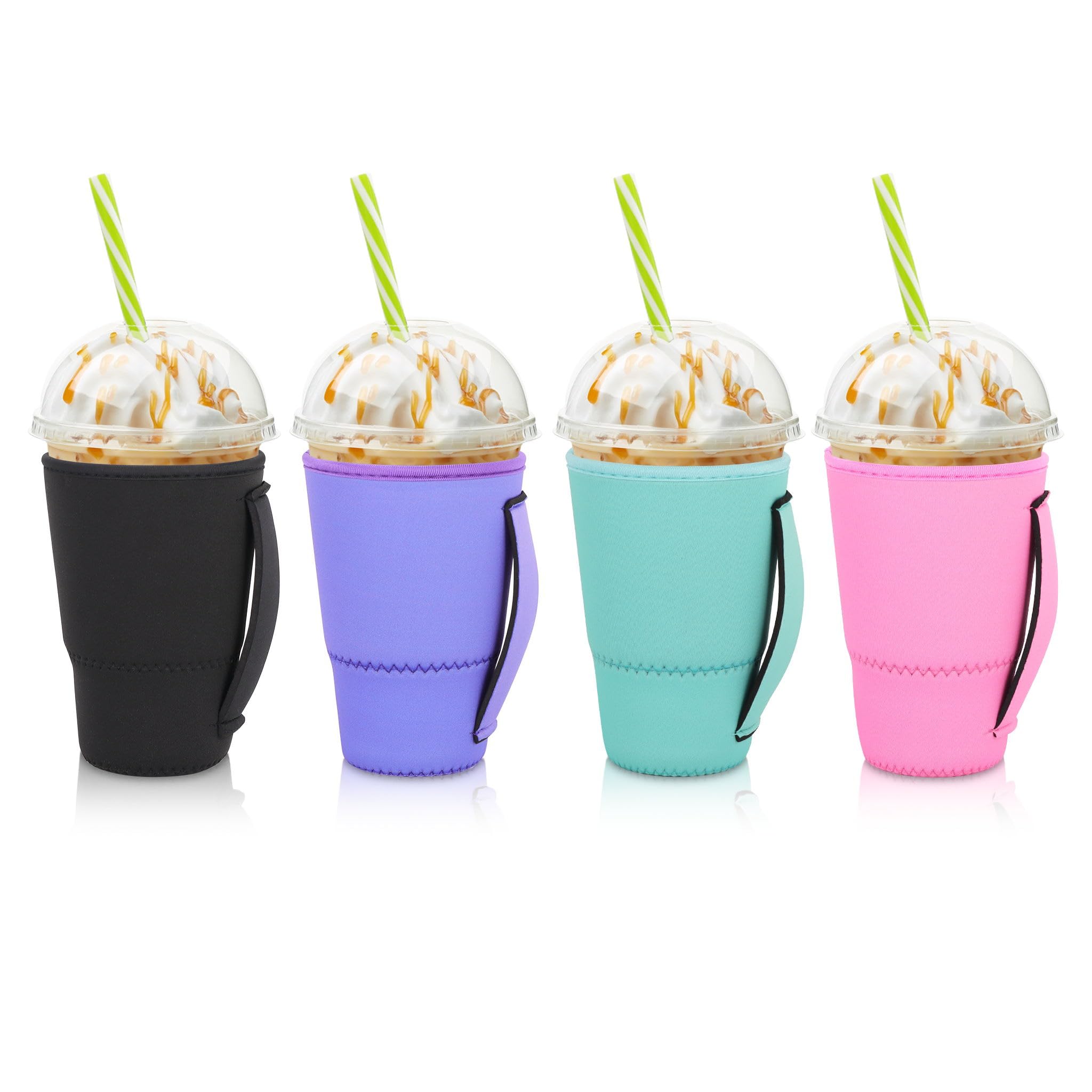 4Pack Reusable Iced Coffee Sleeve Insulator Sleeves for Cold Drinks Beverages, Neoprene Cup Holder for Most Coffee, Fits 30-32oz Large Cups (Solid Color with Handle)