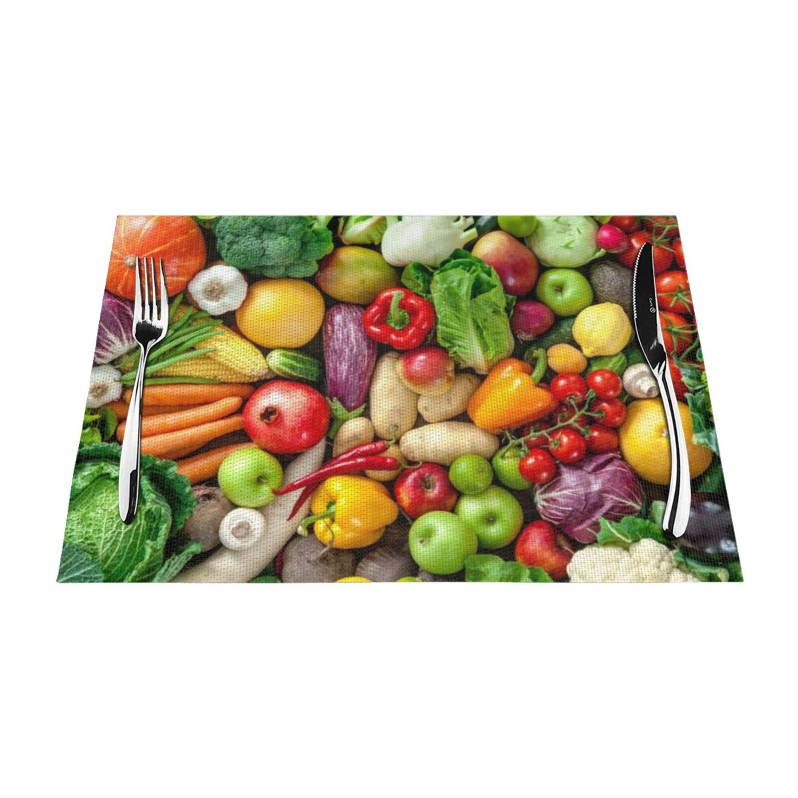PVC Placemat Set of 4 PCS, 45x30 CM, Fresh Fruits and Vegetables Printed Non-Slip Heat Resistant Place Mats for Kitchen Dining Table Indoor Outdoor