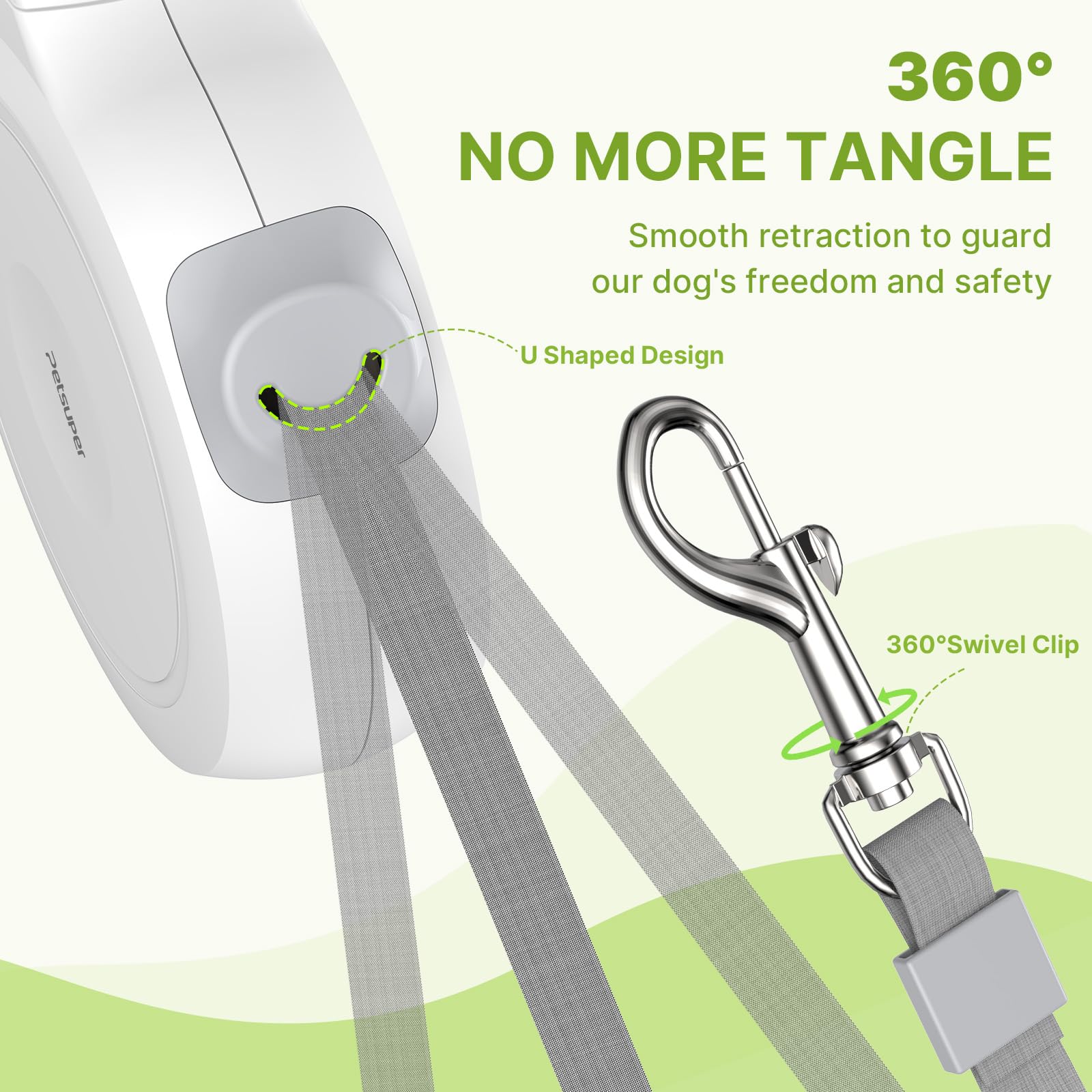 Petsuper Retractable Dog Leash, 16FT Dog Leashes for Medium Dogs up to 88lbs,360° No Tangle, Brake Pause, Big Grip, White 3