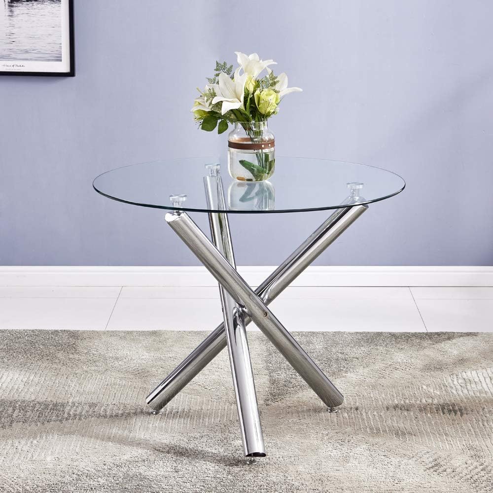 36" Round Dining Room Table for 4-6, Circle Modern Glass Kitchen ining Table with Silver Cross-Shape Metal Legs, Small Round Dinner Tables for Kitchen, Dining Room, Living Room