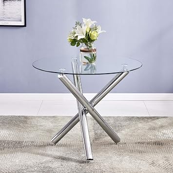35.43" Glass Round Dining Table for 4,Modern Circle Dining Room Table with 0.31" Thick Tempered Glass&Adjustable Silver Cross Metal Tube Legs,Round Kitchen Table Dinner Table for Small Space