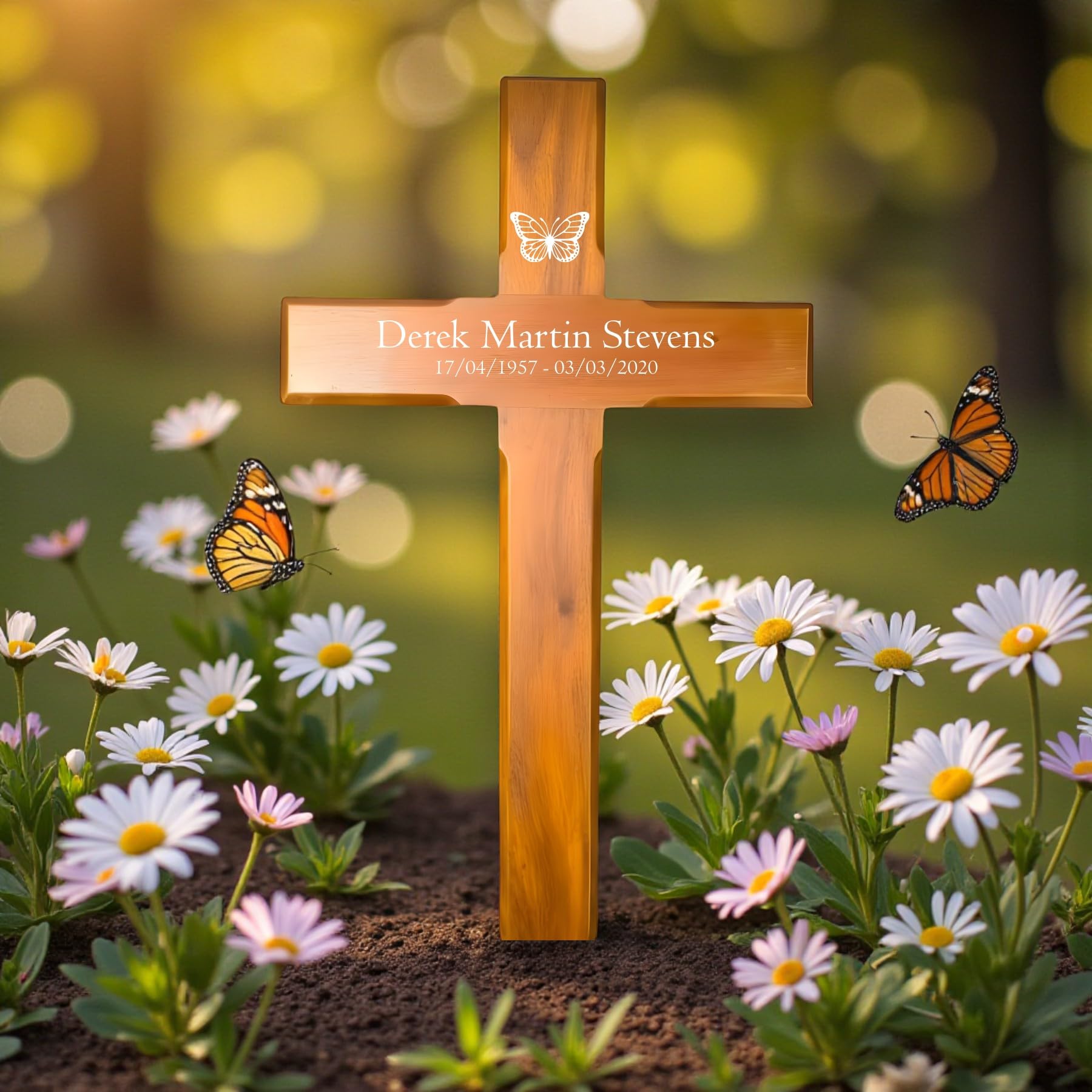 Personalised Mahogany Memorial Cross, Butterfly – Durable Wooden Grave Marker for Outdoor Use